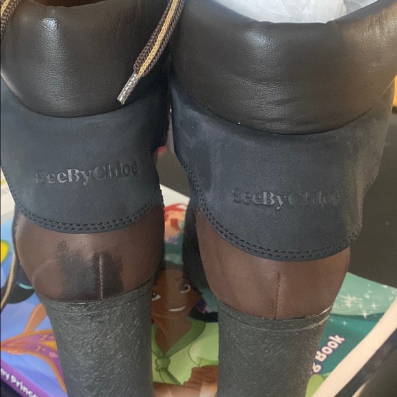 Navy and brown heeled platform boots - Picture 4 of 4